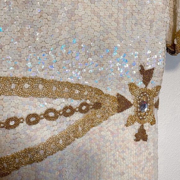 Vintage RARE Patra Iridescent Sequined White & Gold Beaded 100% Silk Dress Size - Picture 3 of 11